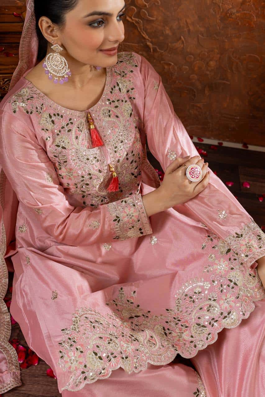 "Festive Embroidered Chinon Silk Ensemble with Tassels and Cutwork Dupatta"