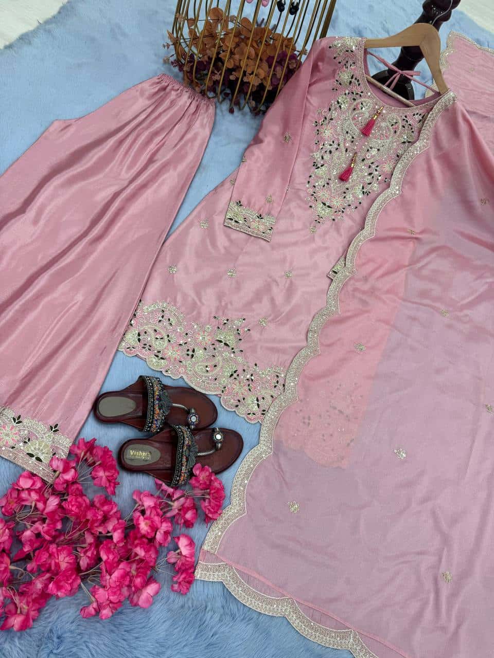 "Festive Embroidered Chinon Silk Ensemble with Tassels and Cutwork Dupatta"