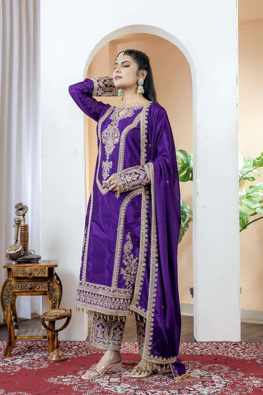 "Elegant Heavy Chinon Silk Embroidered Suit Set with Sequins, Dori Work & Fancy Latkan"