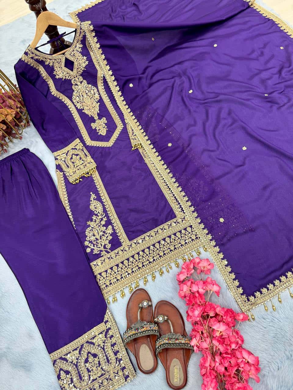 "Elegant Heavy Chinon Silk Embroidered Suit Set with Sequins, Dori Work & Fancy Latkan"