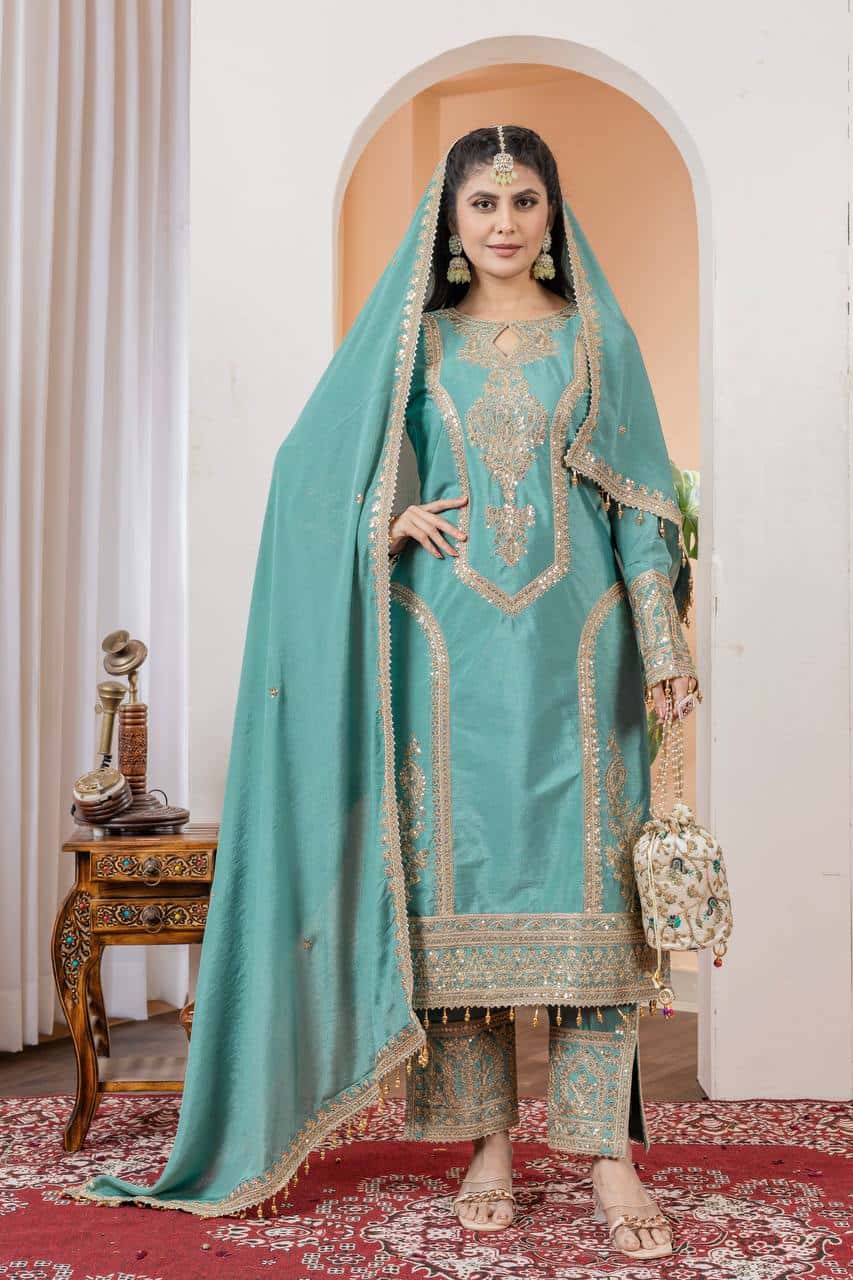 "Elegant Heavy Chinon Silk Embroidered Suit Set with Sequins, Dori Work & Fancy Latkan"