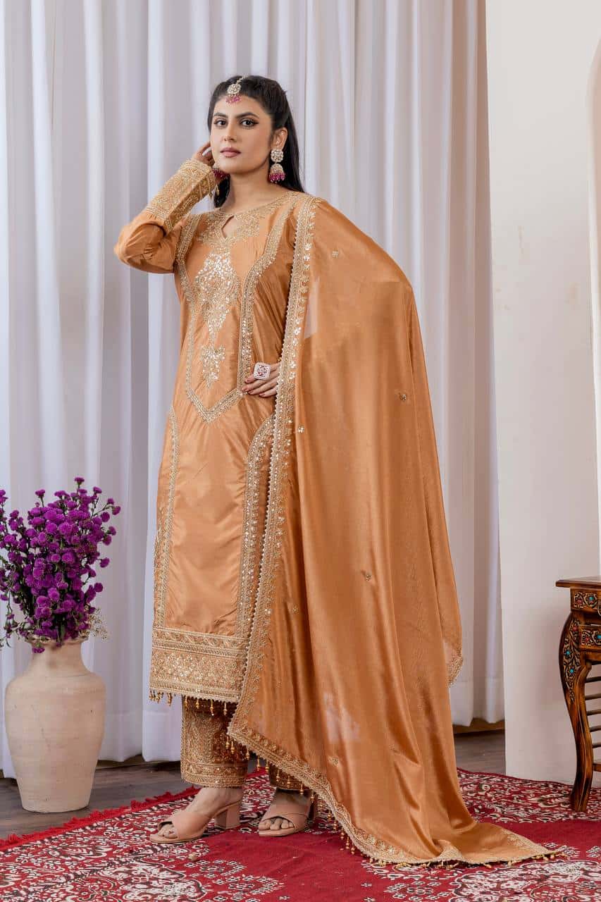 "Elegant Heavy Chinon Silk Embroidered Suit Set with Sequins, Dori Work & Fancy Latkan"