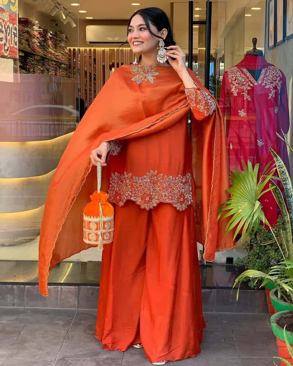 "Elegant Faux Georgette Embroidered Top with Plazzo & Dupatta Set"