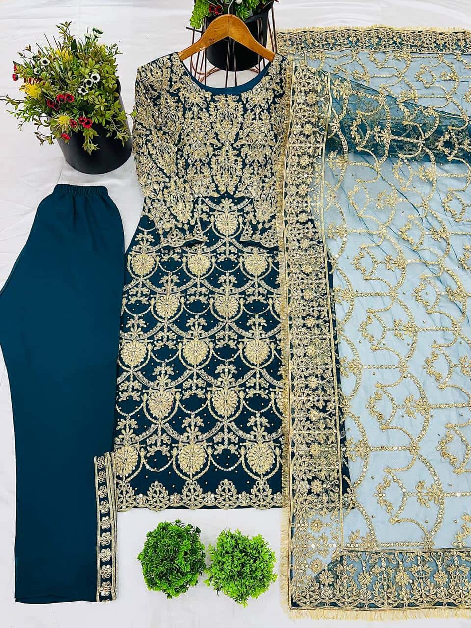 Elegant Embroidered Faux Georgette Top and Pant & Dupatta Set