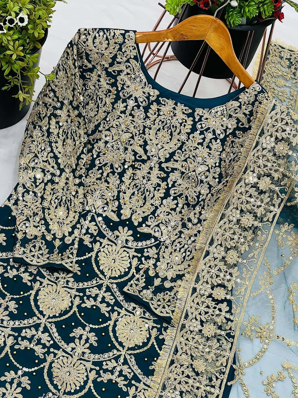 Elegant Embroidered Faux Georgette Top and Pant & Dupatta Set