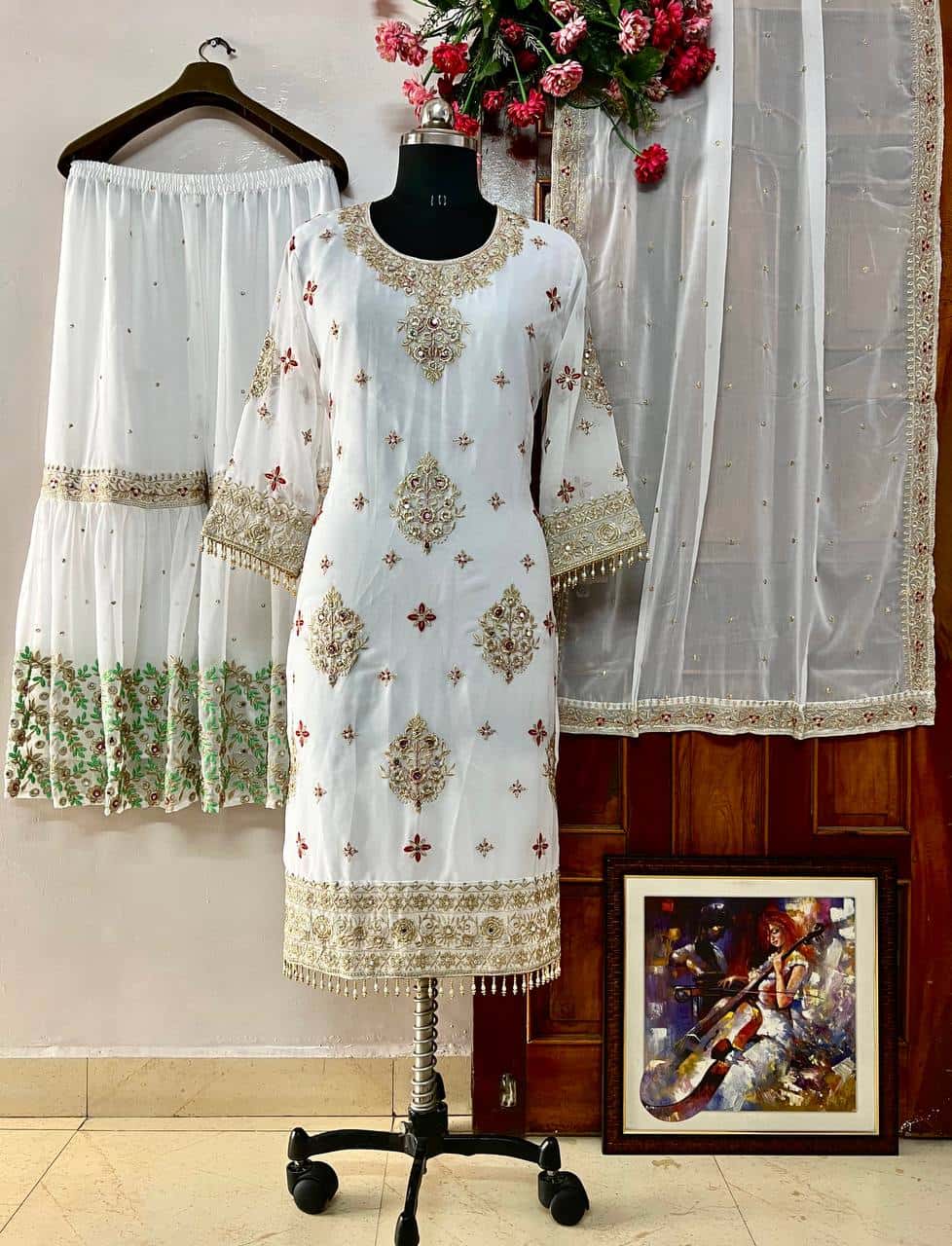 Heavy faux georgette readymade black and white stitch salwar suit