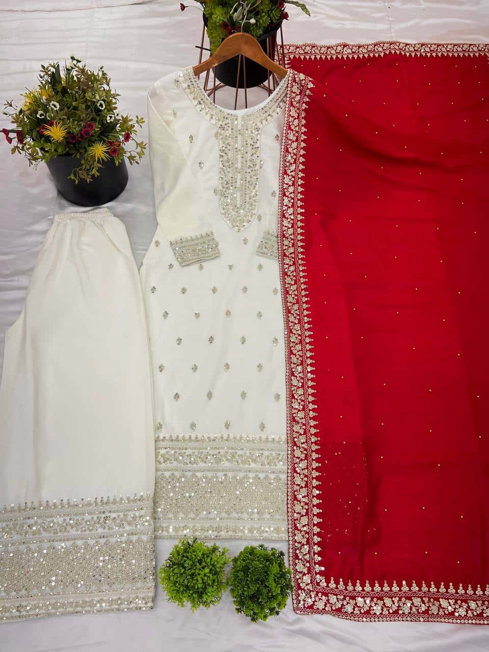 "Elegant Chinnon Silk Embroidered Top, Pant & Dupatta Set"