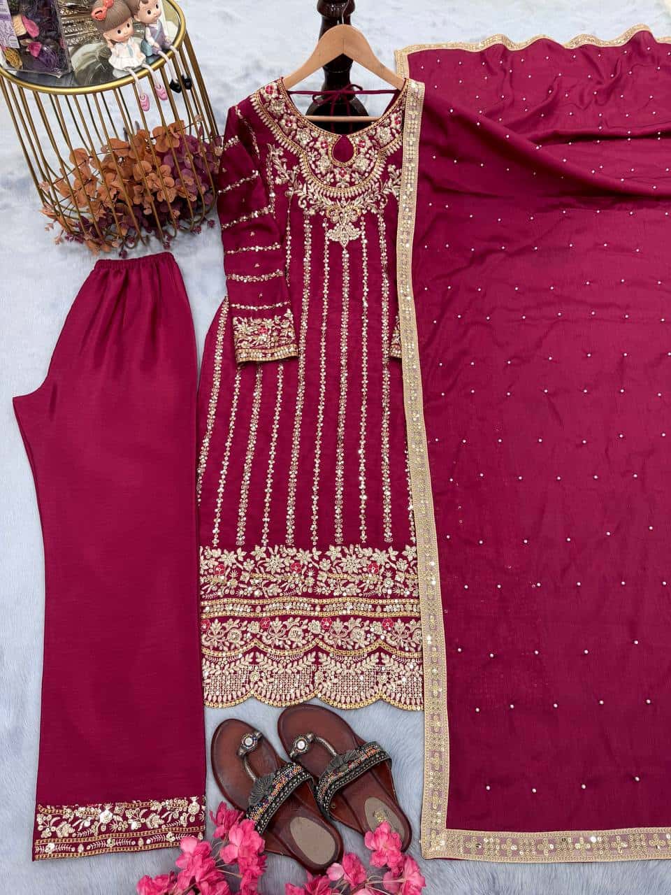 "Luxury Heavy Chinon Silk Top, Plazzo & Dupatta with Rivet Moti Work"
