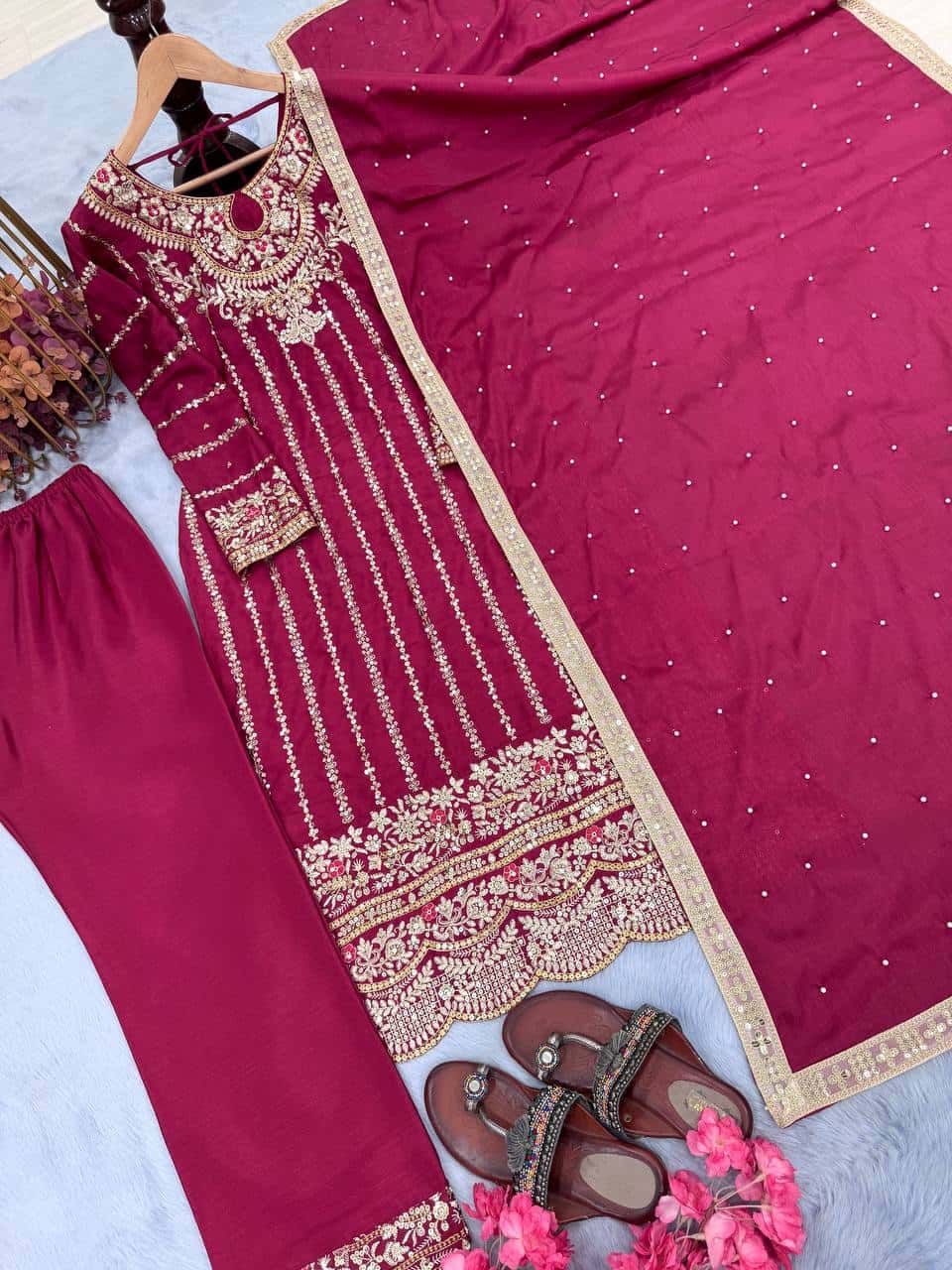 "Luxury Heavy Chinon Silk Top, Plazzo & Dupatta with Rivet Moti Work"