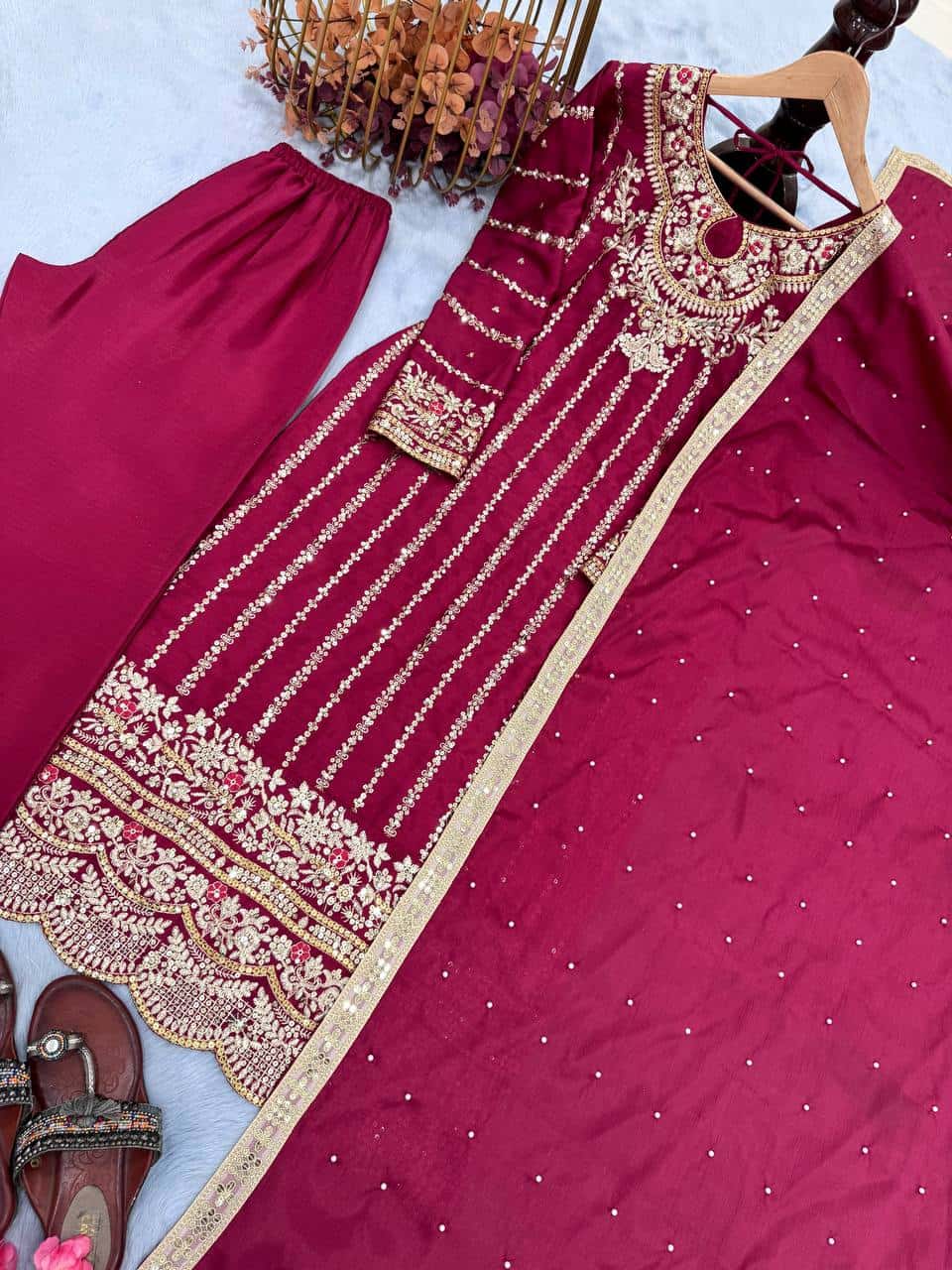 "Luxury Heavy Chinon Silk Top, Plazzo & Dupatta with Rivet Moti Work"
