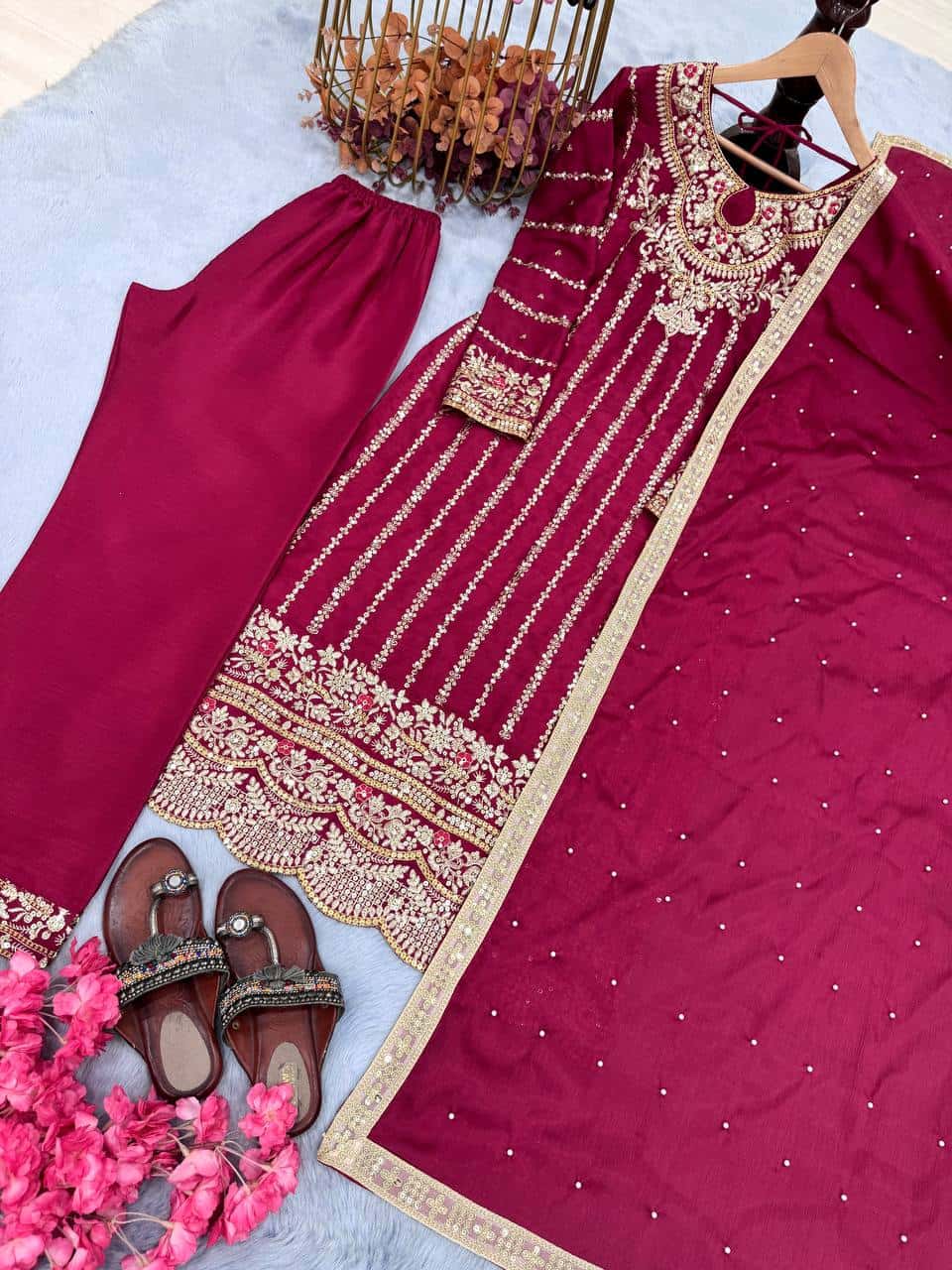 "Luxury Heavy Chinon Silk Top, Plazzo & Dupatta with Rivet Moti Work"