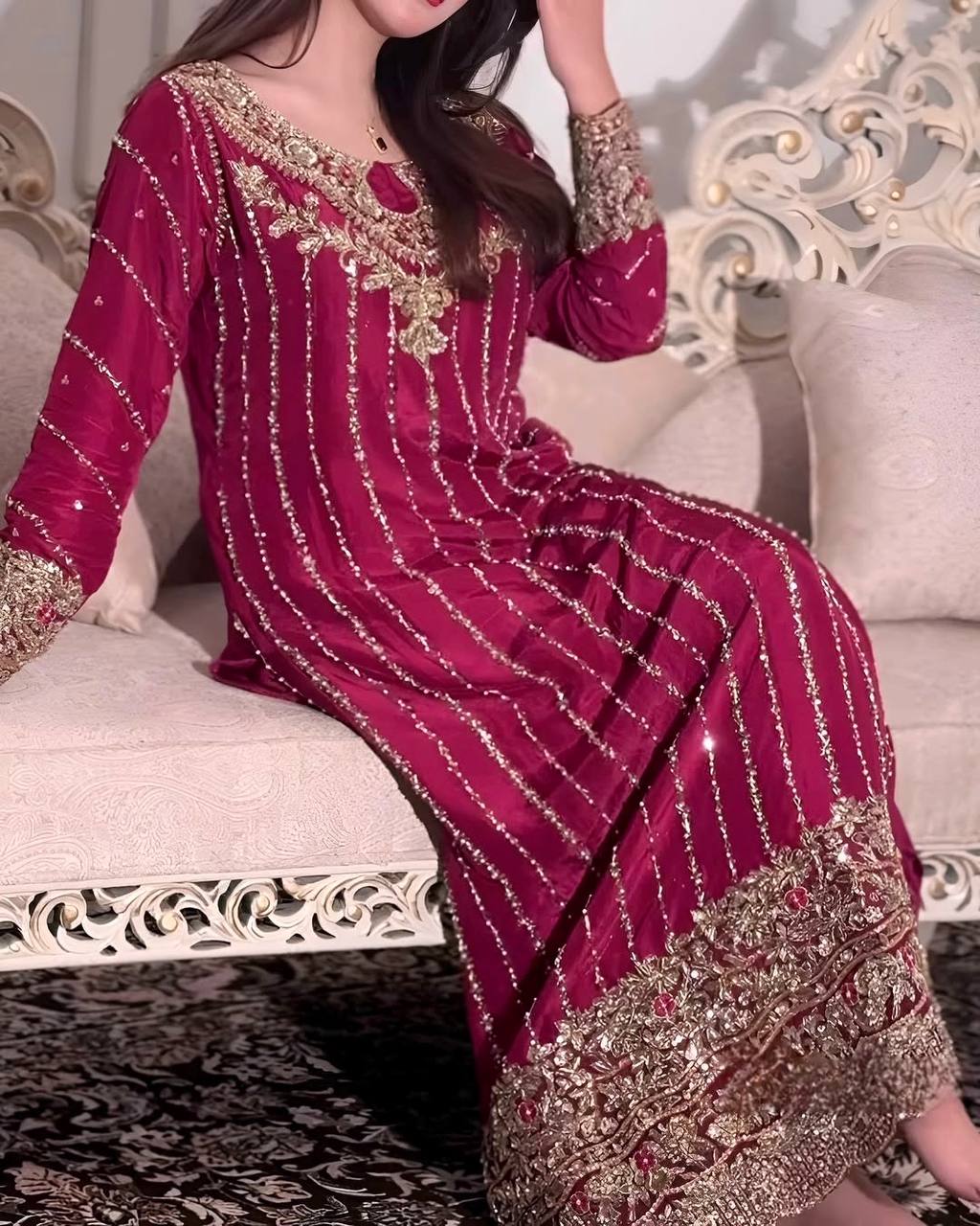 Elegant Embroidered Chinon Silk Suit Set