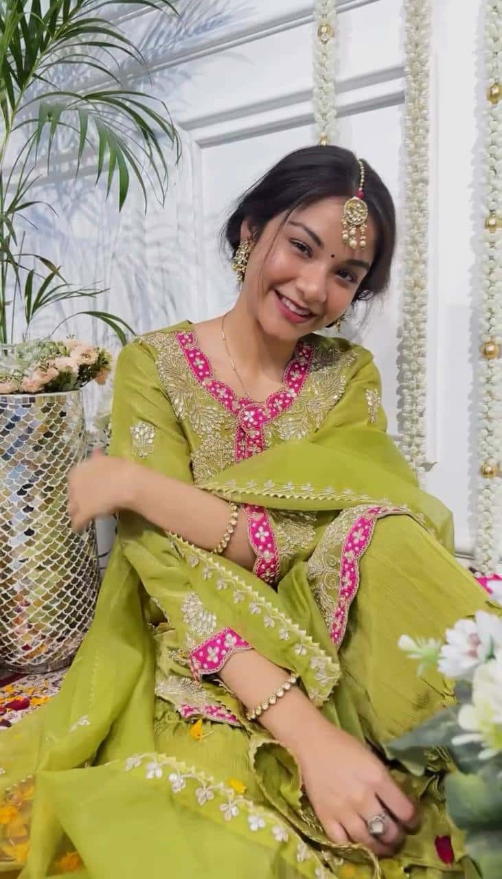 "Premium Heavy Chinon Silk Embroidered Top, Gharara, and Dupatta Set"
