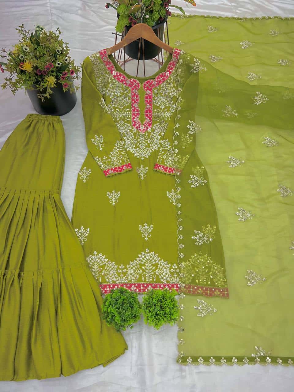 "Premium Heavy Chinon Silk Embroidered Top, Gharara, and Dupatta Set"