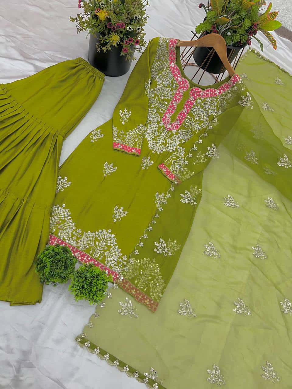 "Premium Heavy Chinon Silk Embroidered Top, Gharara, and Dupatta Set"