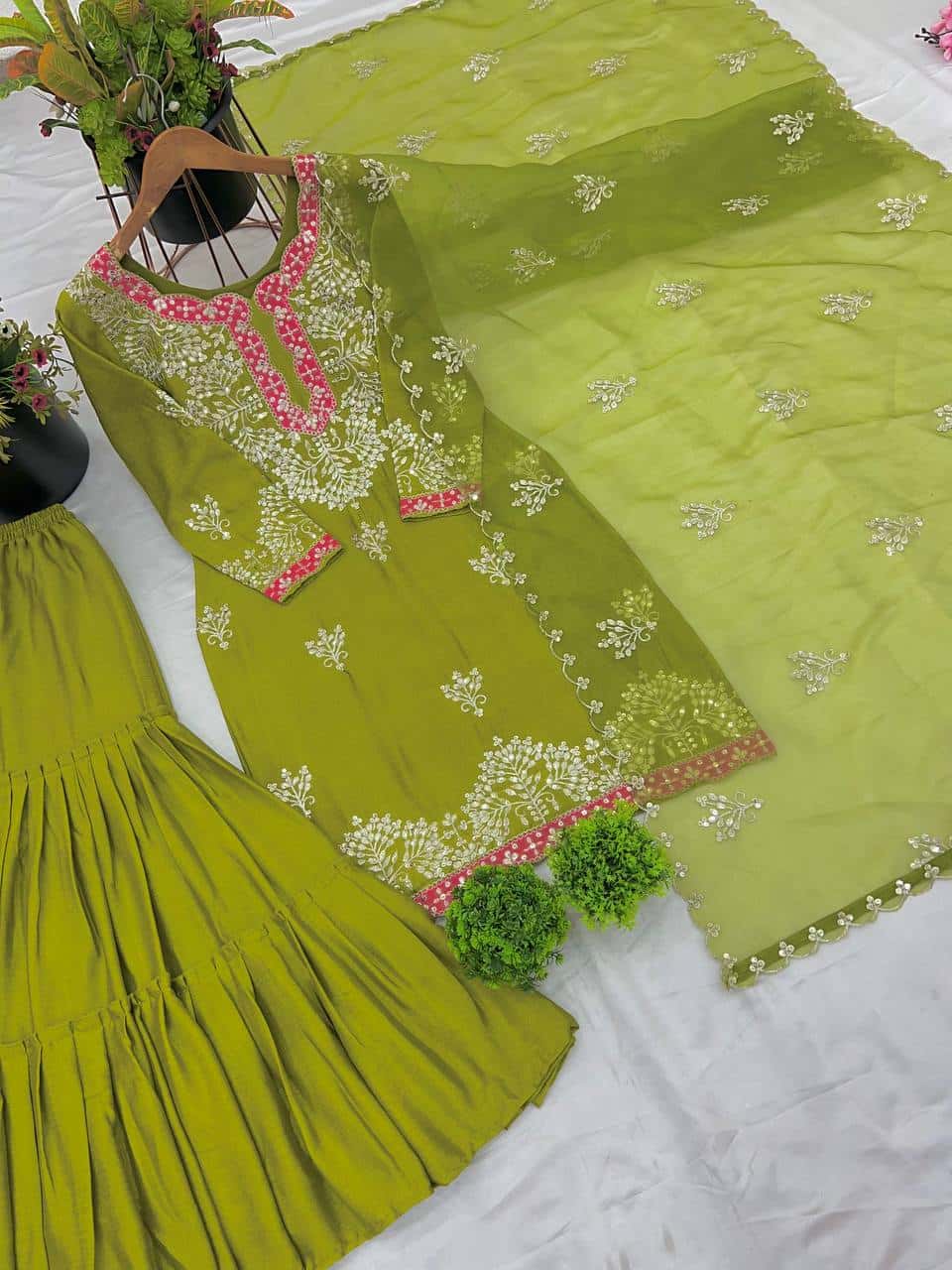 "Premium Heavy Chinon Silk Embroidered Top, Gharara, and Dupatta Set"