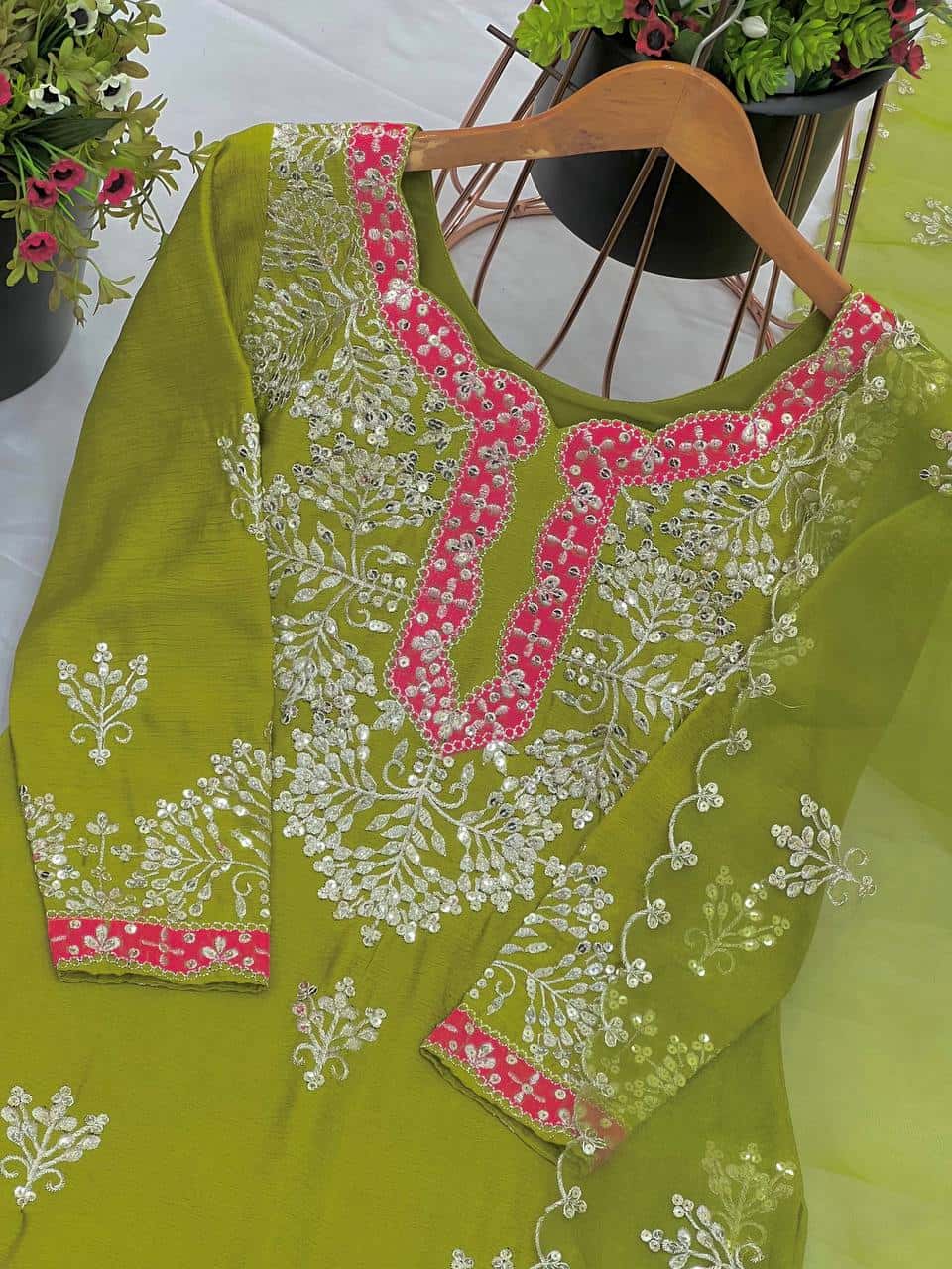 "Premium Heavy Chinon Silk Embroidered Top, Gharara, and Dupatta Set"