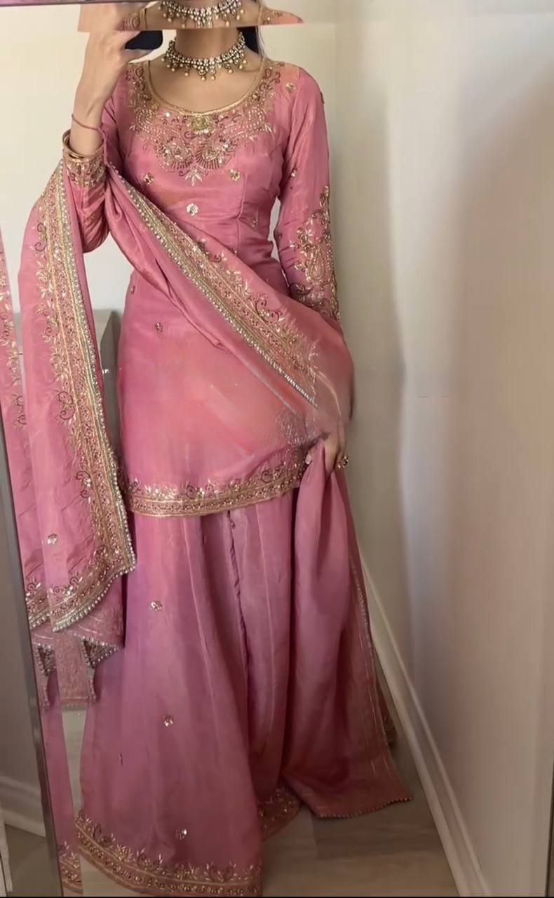 Silk heavy work kurta sharara with dupatta sets