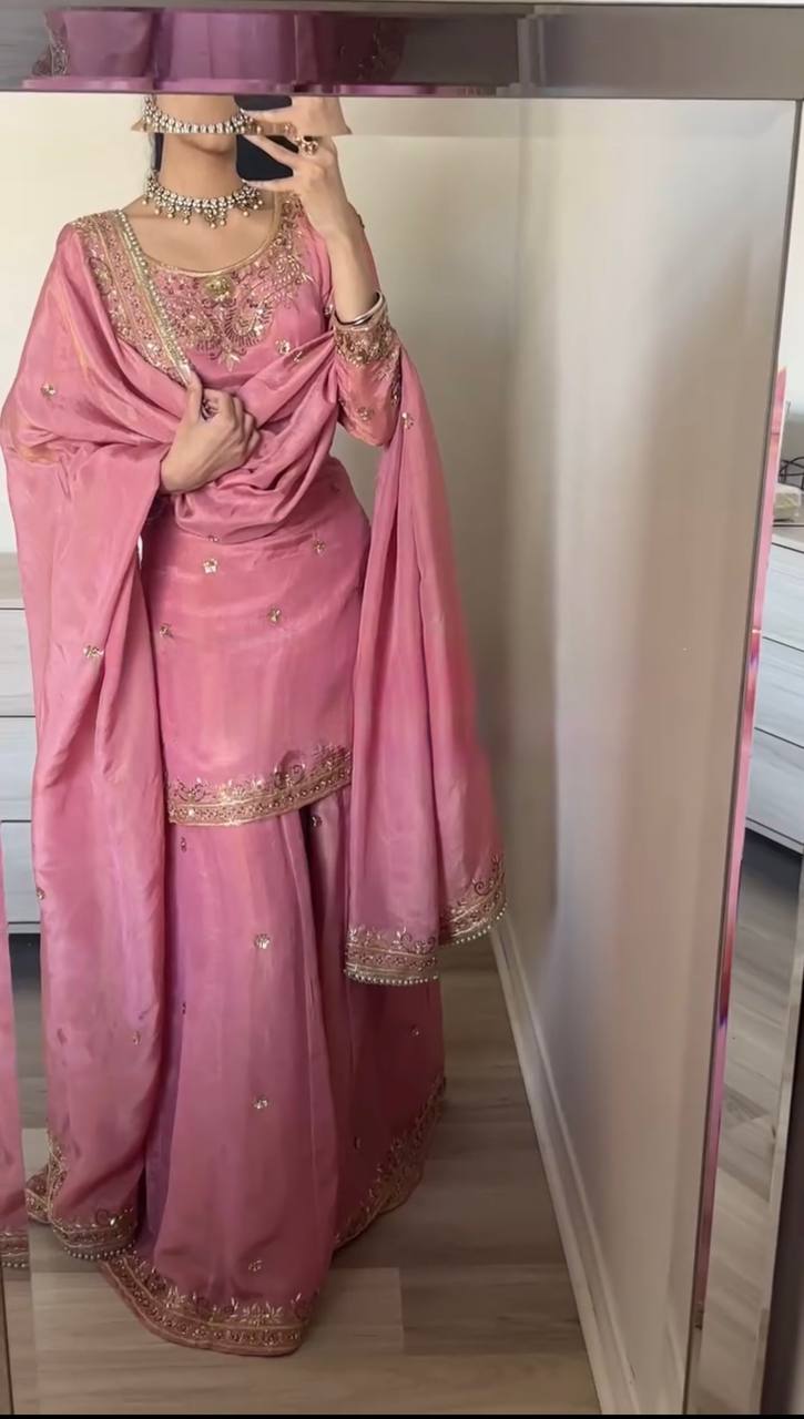 Silk heavy work kurta sharara with dupatta sets