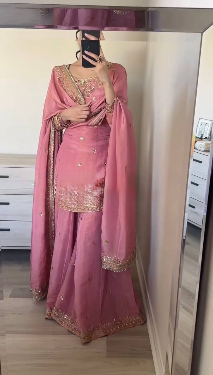 Silk heavy work kurta sharara with dupatta sets