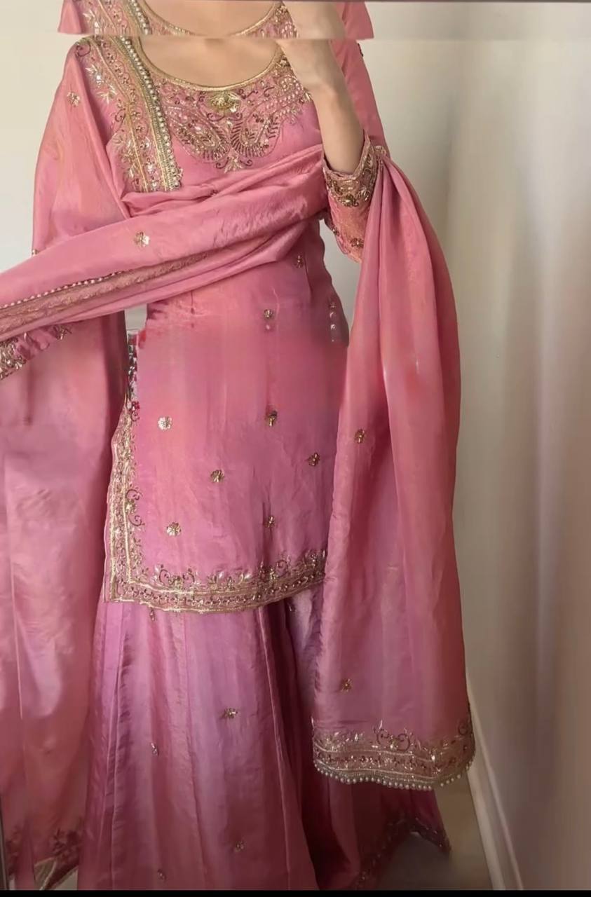 Silk heavy work kurta sharara with dupatta sets