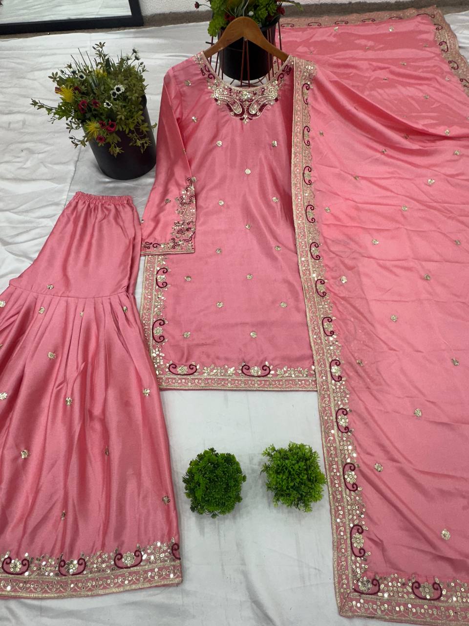Silk heavy work kurta sharara with dupatta sets