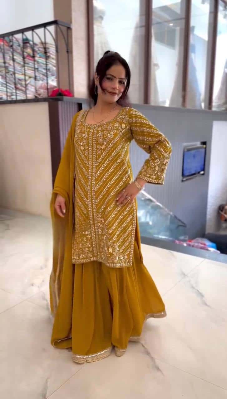 Embroidered Faux Georgette Top with Sharara Plazzo and Dupatta Set