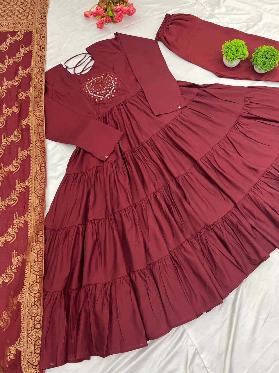 "Luxurious Embroidered Roman Silk Gown with Muslin Jacquard Dupatta & Micro Cotton Inner"