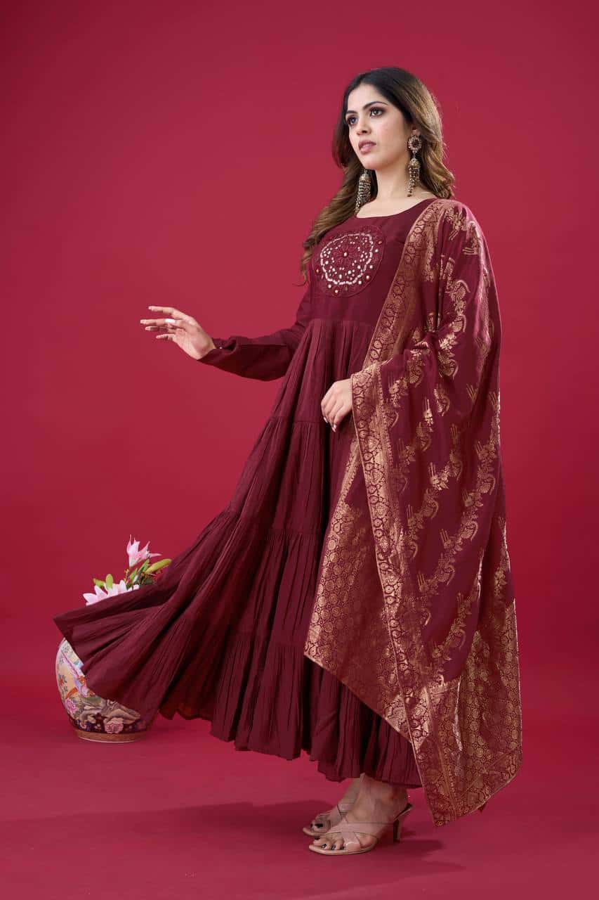 "Luxurious Embroidered Roman Silk Gown with Muslin Jacquard Dupatta & Micro Cotton Inner"