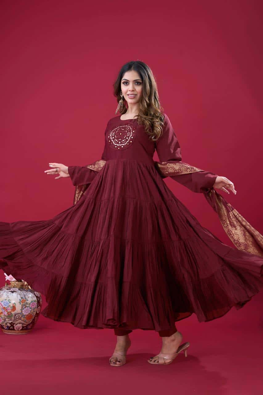 "Luxurious Embroidered Roman Silk Gown with Muslin Jacquard Dupatta & Micro Cotton Inner"