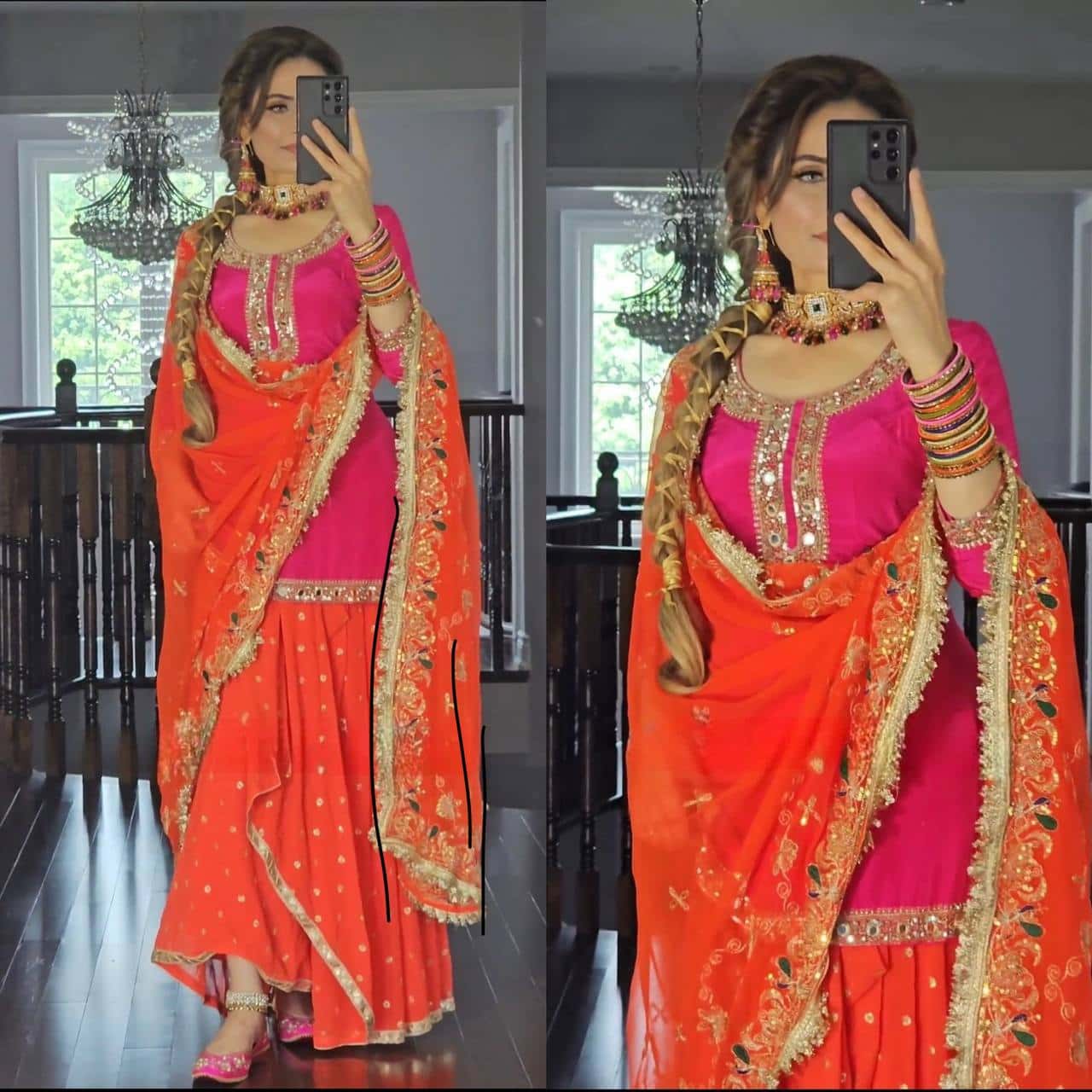 Heavy Malay Silk Embroidered Top with Mirror Work, Faux Georgette Dhoti Skirt, and Dupatta - Full Stitched Ethnic Party Wear Set for Women