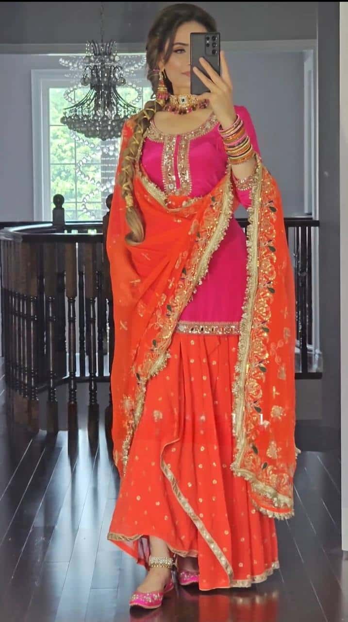 Heavy Malay Silk Embroidered Top with Mirror Work, Faux Georgette Dhoti Skirt, and Dupatta - Full Stitched Ethnic Party Wear Set for Women