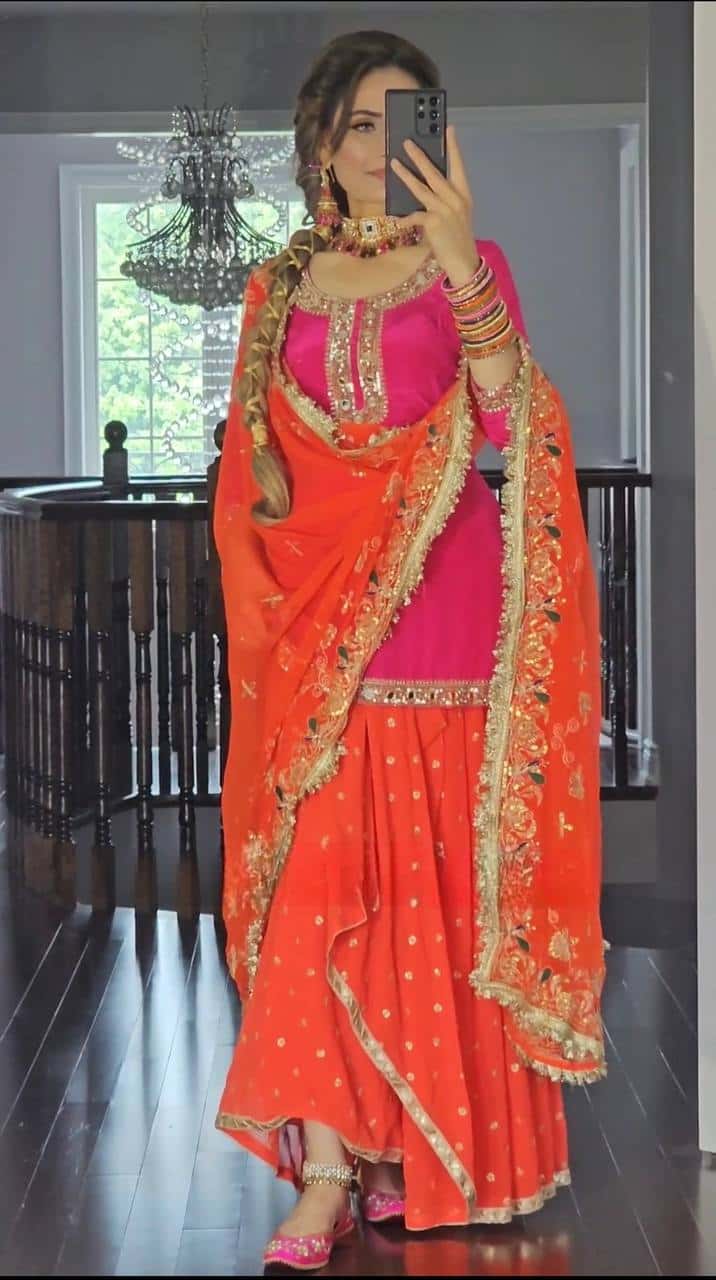 Heavy Malay Silk Embroidered Top with Mirror Work, Faux Georgette Dhoti Skirt, and Dupatta - Full Stitched Ethnic Party Wear Set for Women