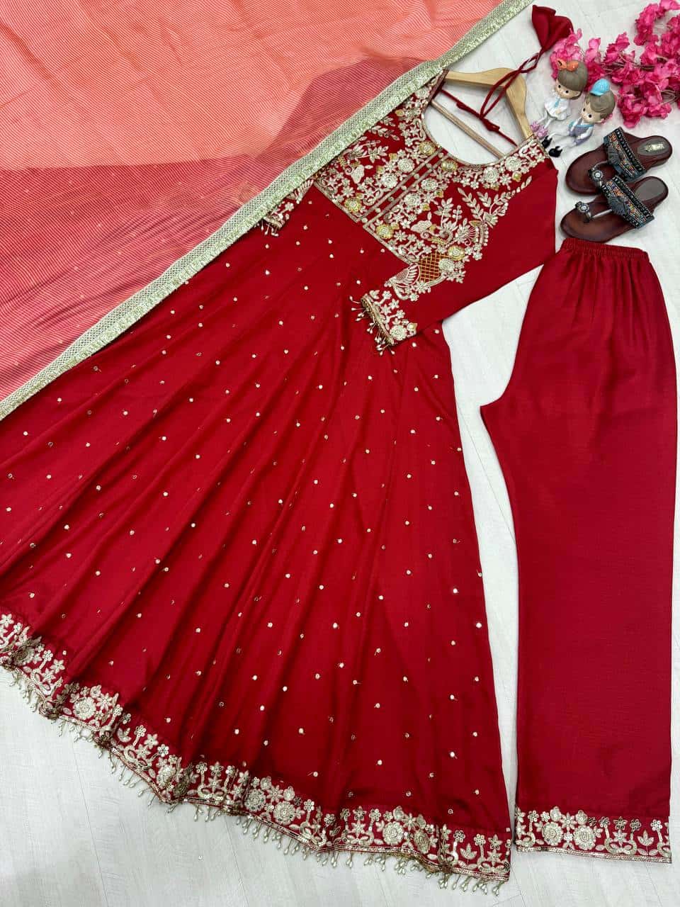 "Elegant Heavy Pur Chinon Silk Anarkali Gown with Embroidery, Plazzo, and Digital Print Dupatta Set"
