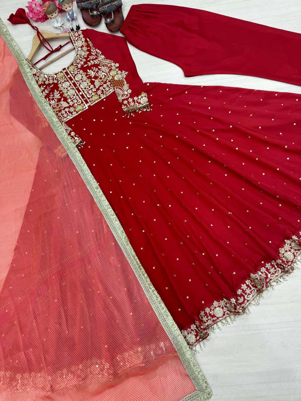 "Elegant Heavy Pur Chinon Silk Anarkali Gown with Embroidery, Plazzo, and Digital Print Dupatta Set"