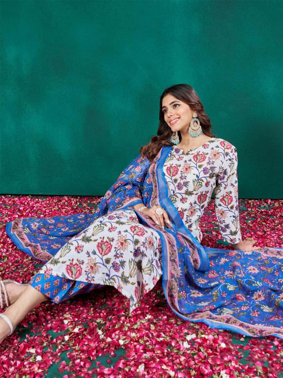 "Elegant White Cotton Blend Printed Kurti Set with Pant & Dupatta"