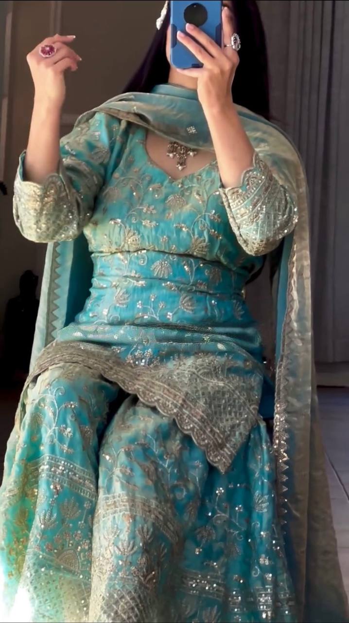 Heavy Fandy Crush Silk kurta with Sharara set