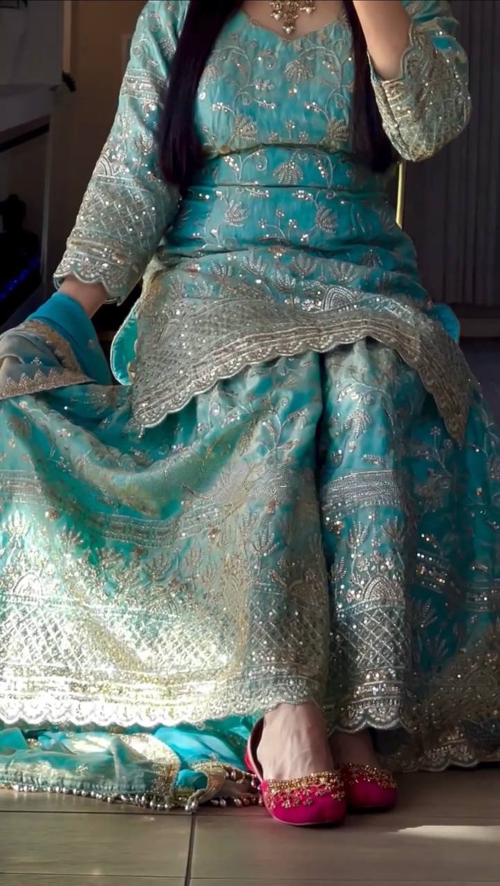 Heavy Fandy Crush Silk kurta with Sharara set