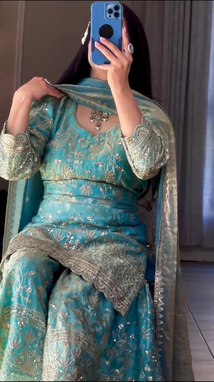 Heavy Fandy Crush Silk kurta with Sharara set