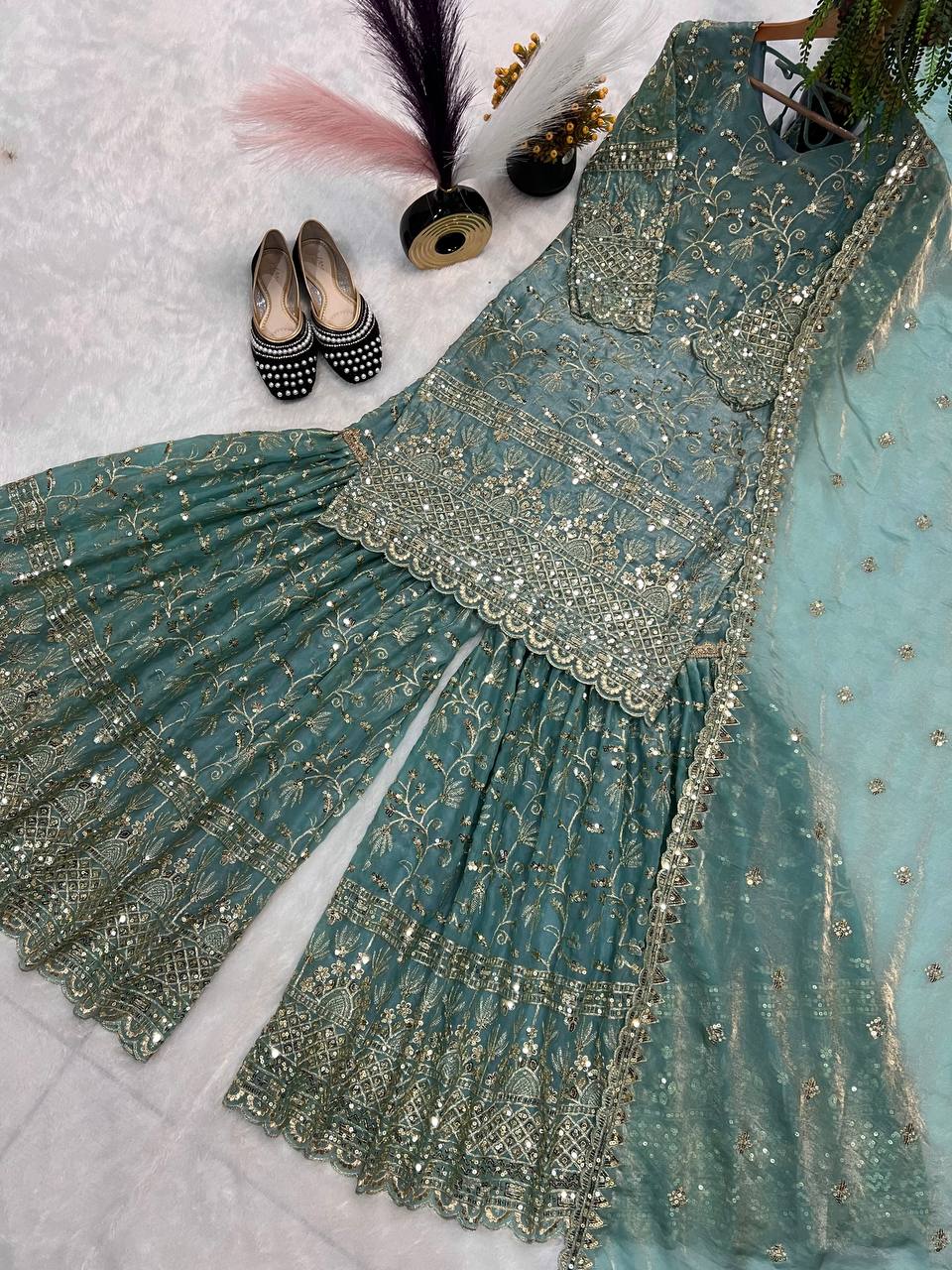 Heavy Fandy Crush Silk kurta with Sharara set