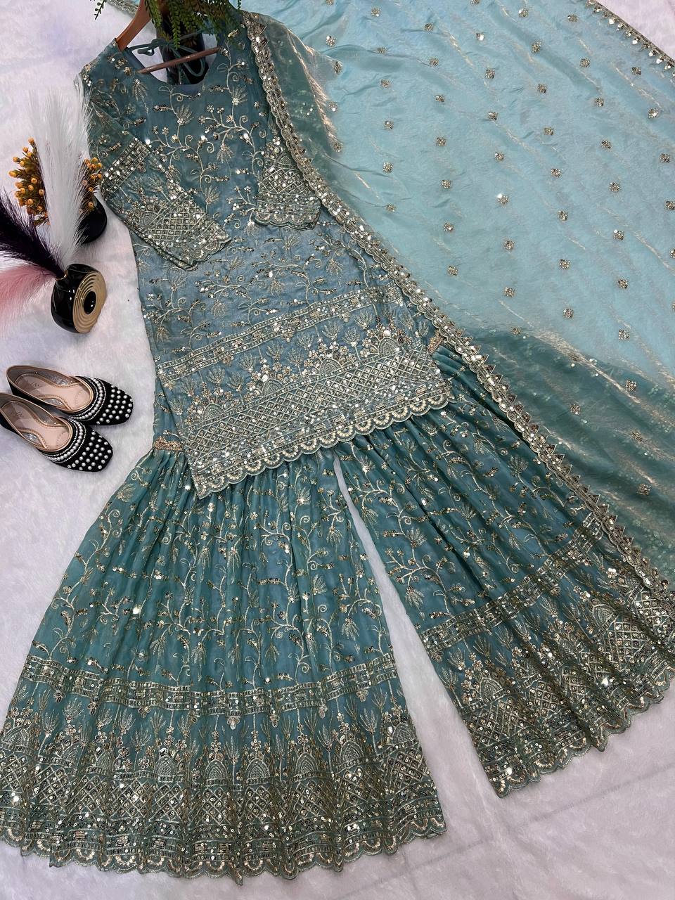 Heavy Fandy Crush Silk kurta with Sharara set