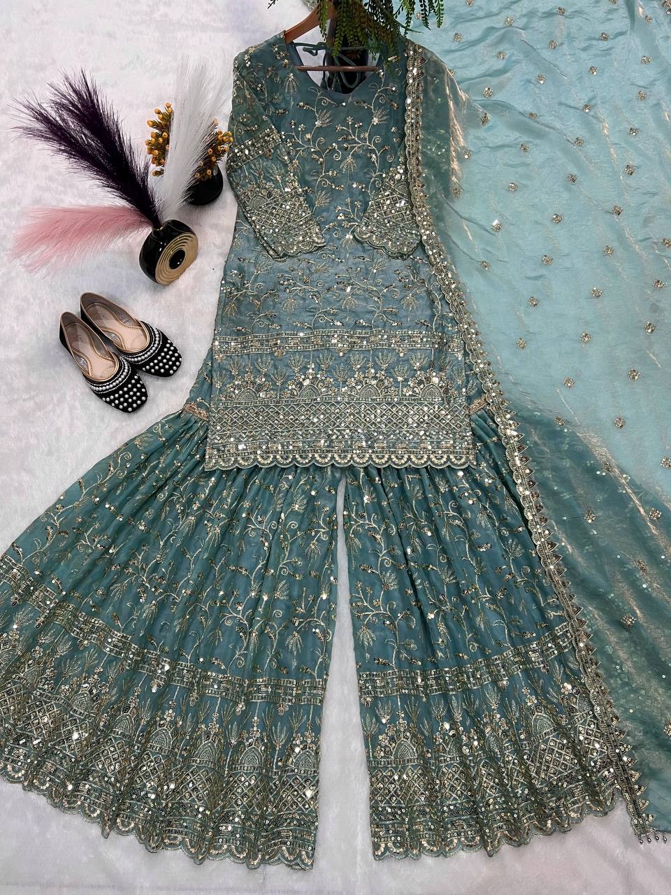 Heavy Fandy Crush Silk kurta with Sharara set
