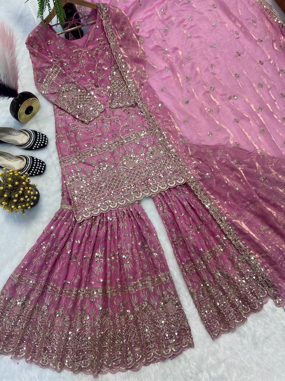 Heavy Fandy Crush Silk kurta with Sharara set