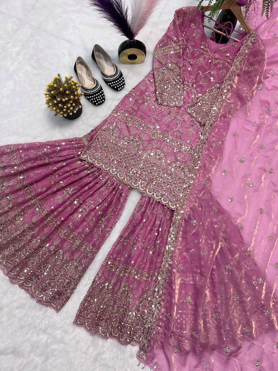 Heavy Fandy Crush Silk kurta with Sharara set