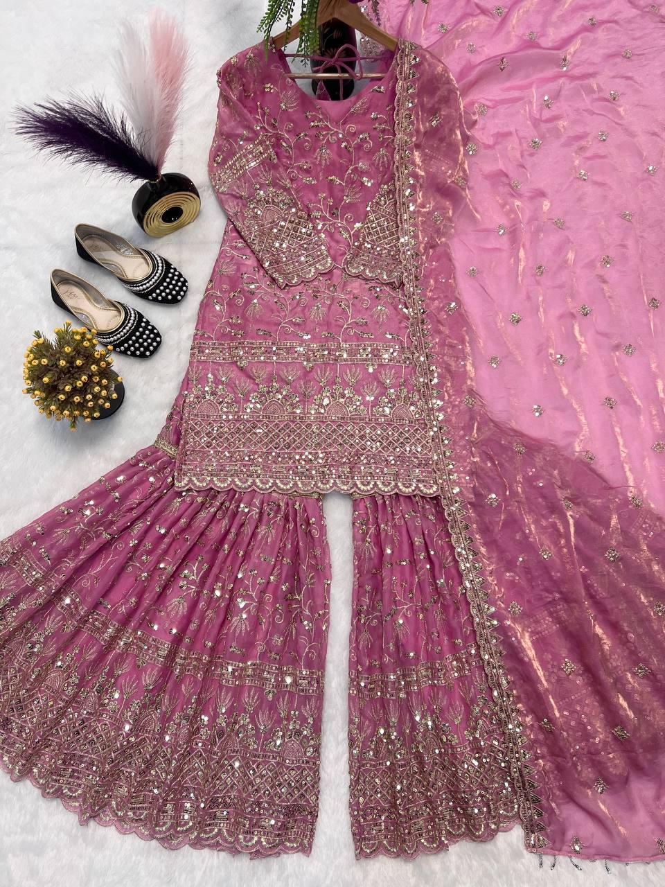 Heavy Fandy Crush Silk kurta with Sharara set