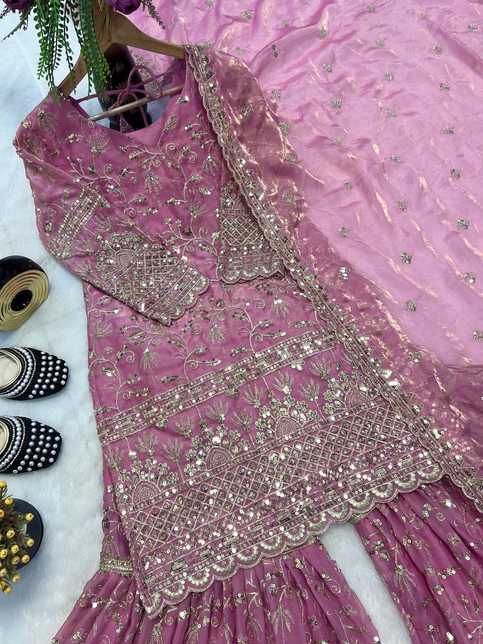 Heavy Fandy Crush Silk kurta with Sharara set