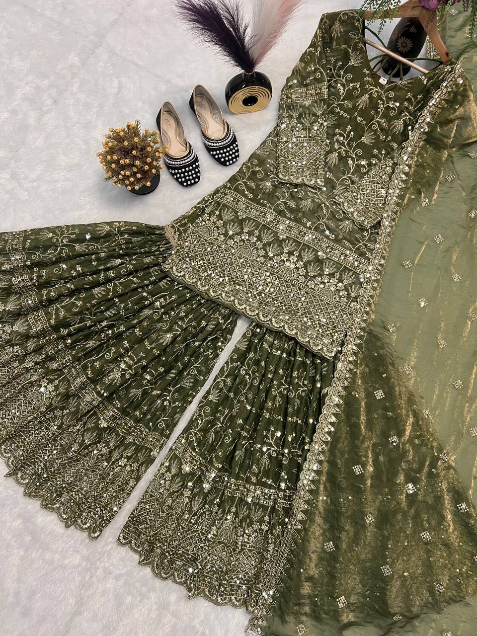 Heavy Fandy Crush Silk kurta with Sharara set