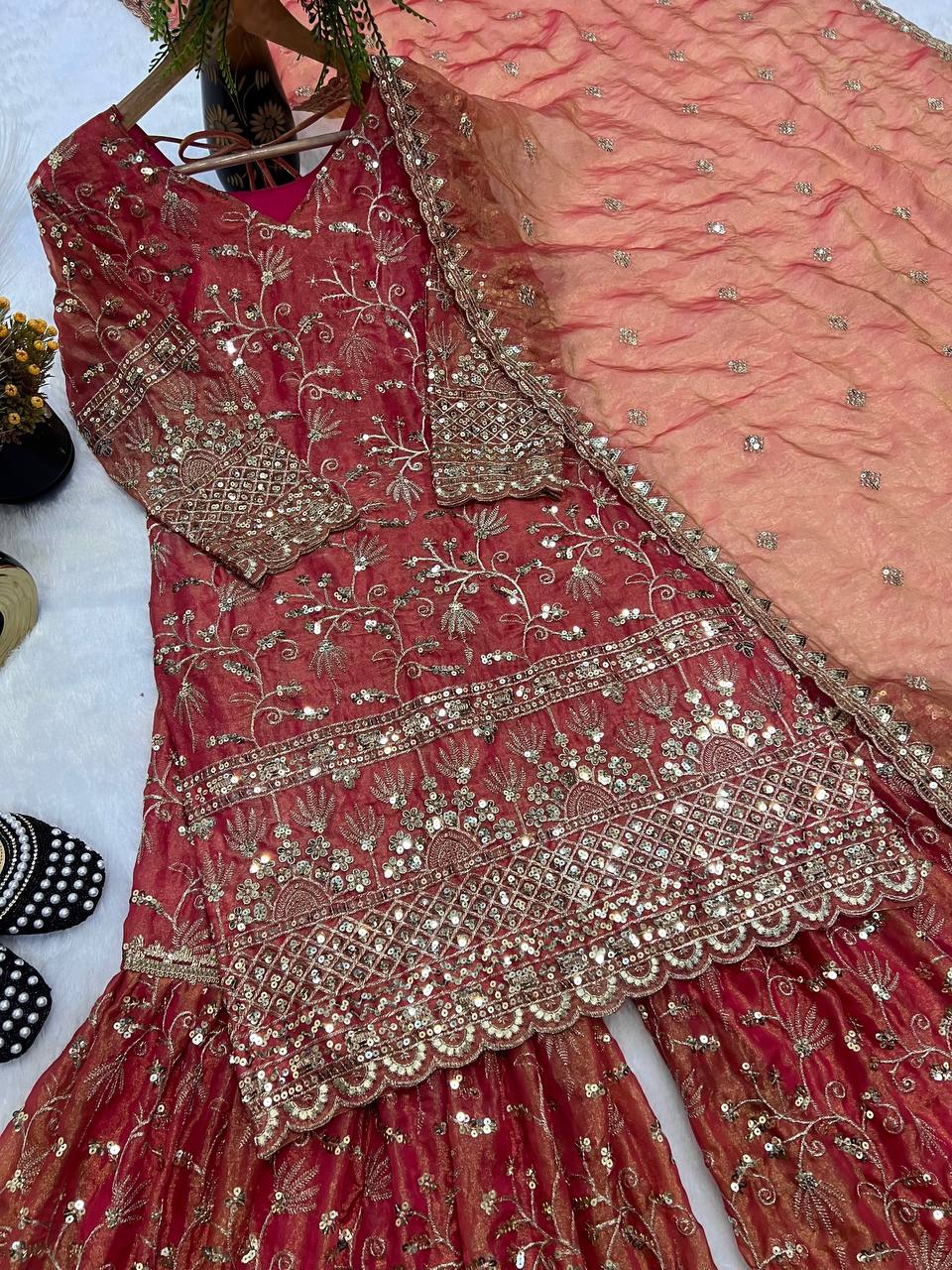 Heavy Fandy Crush Silk kurta with Sharara set