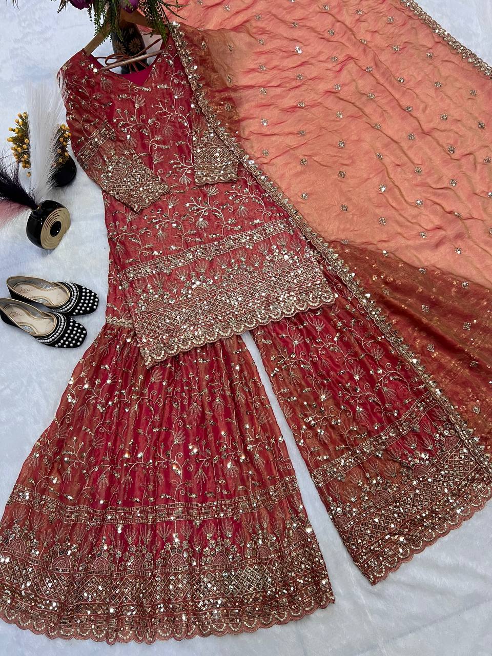 Heavy Fandy Crush Silk kurta with Sharara set