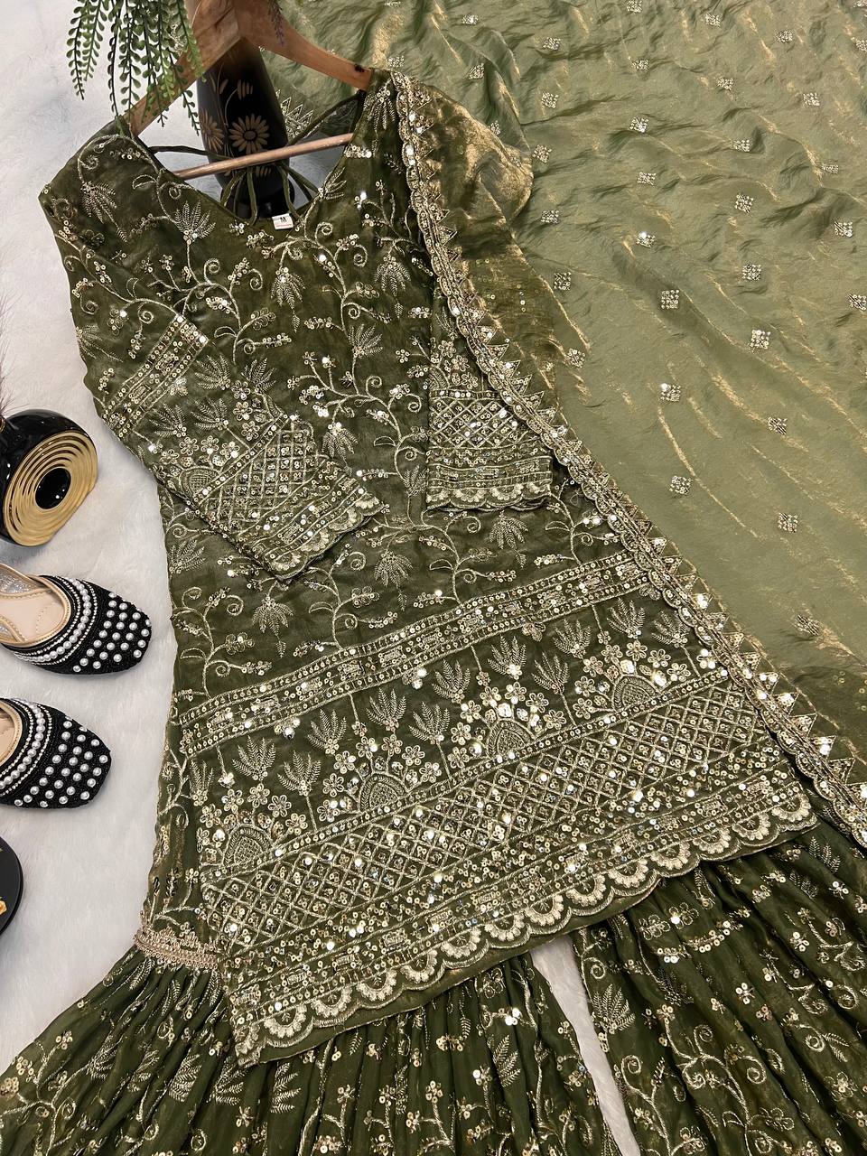 Heavy Fandy Crush Silk kurta with Sharara set